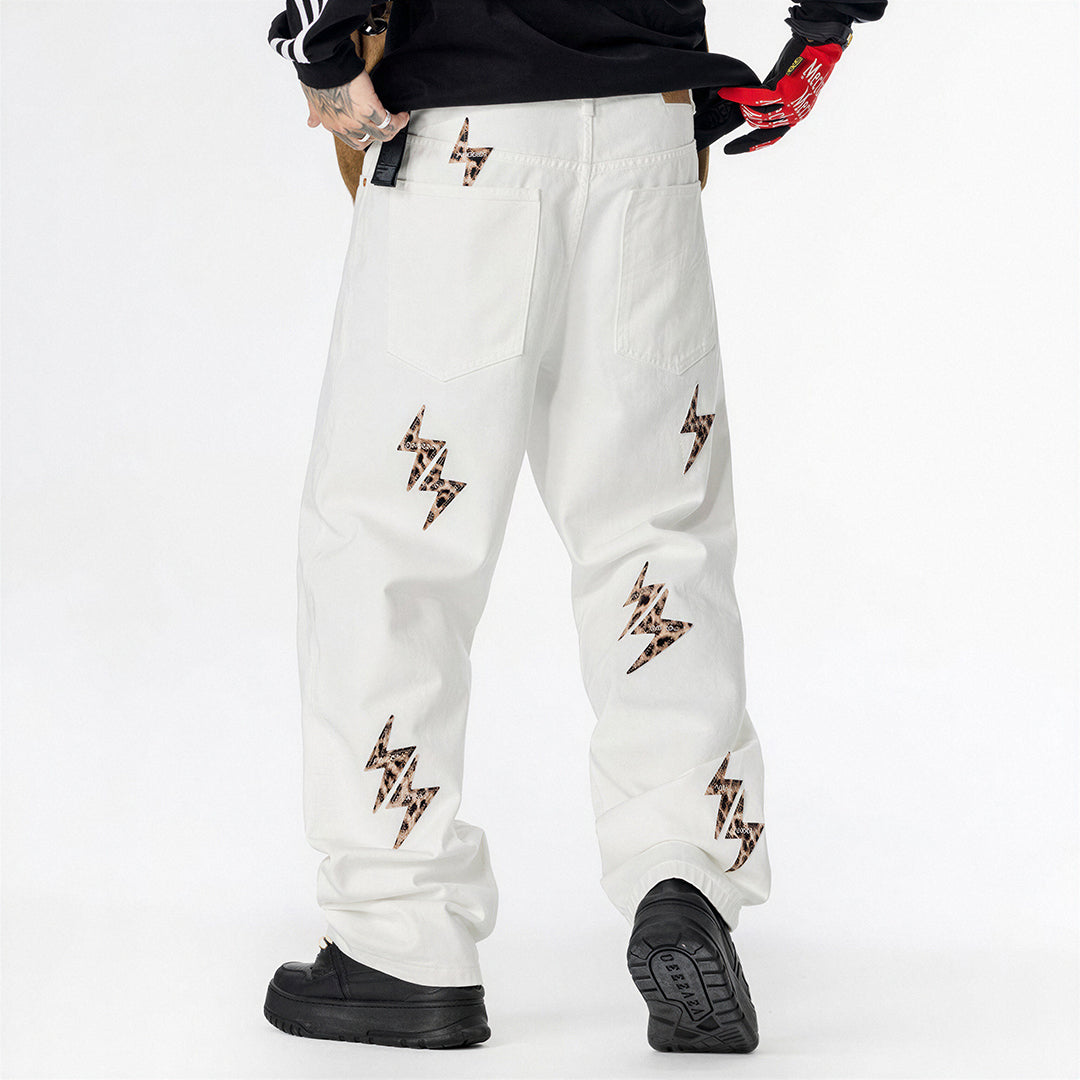 Men's Spring White Leopard Lightning Embroidery Jeans