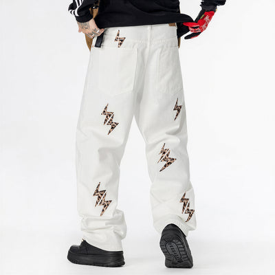 Men's Spring White Leopard Lightning Embroidery Jeans