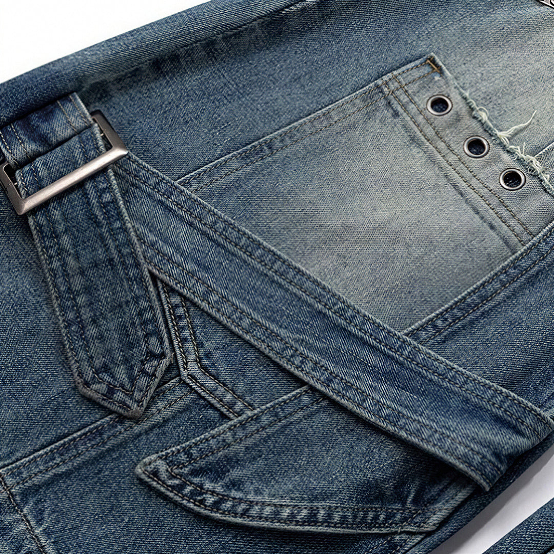 Men's Spring Deconstructed Metal Buckle Cargo Denim Jeans