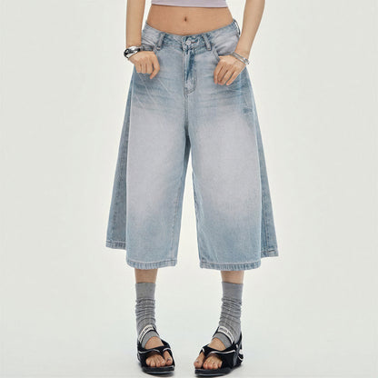Women's Summer Gradient Washed Wide-Leg Denim Capri Pants
