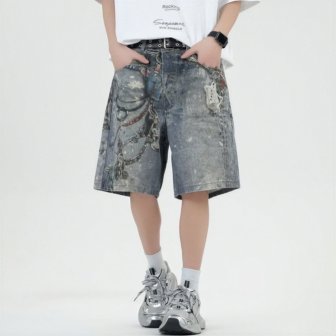 Men's Summer Vintage Washed Chain Print Baggy Denim Shorts