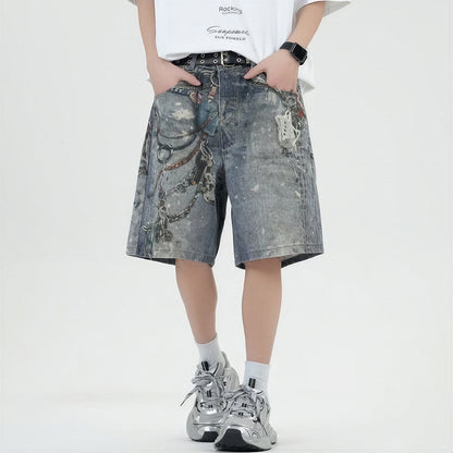 Men's Summer Vintage Washed Chain Print Baggy Denim Shorts