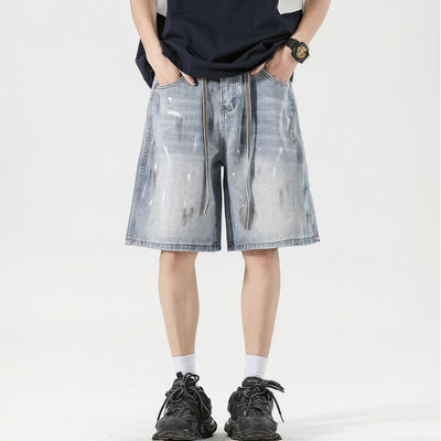 Men's Summer Light Wash Splash Ink Drawstring Denim Shorts
