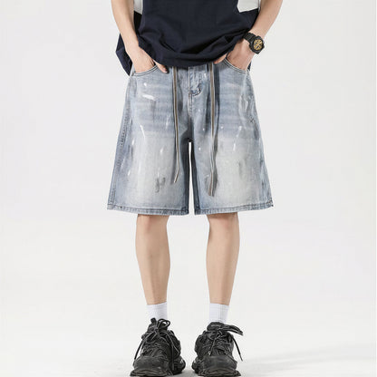 Men's Summer Light Wash Splash Ink Drawstring Denim Shorts