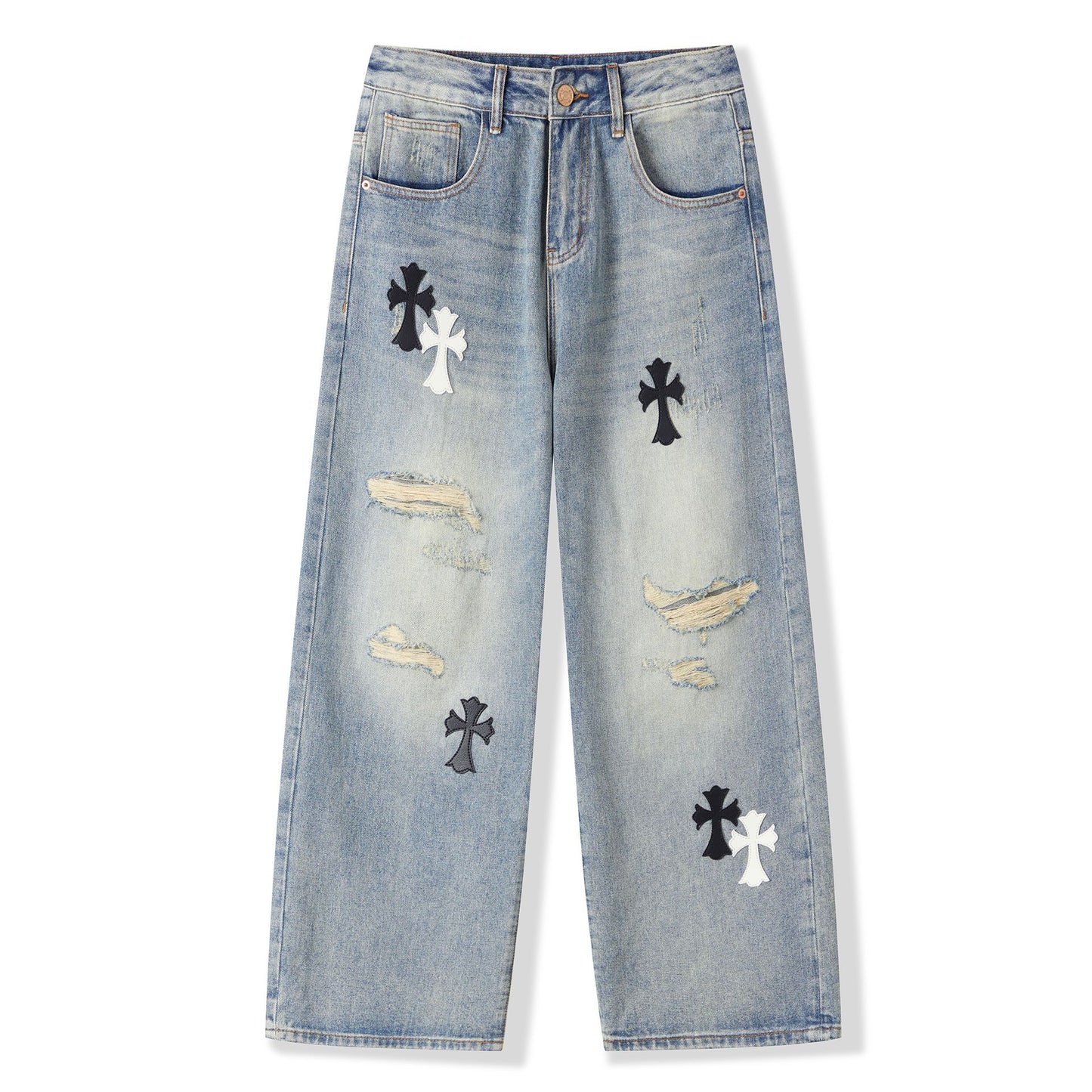 Men's Spring Light Blue Ripped Cross Patch Denim Jeans