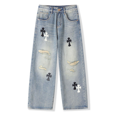 Men's Spring Light Blue Ripped Cross Patch Denim Jeans