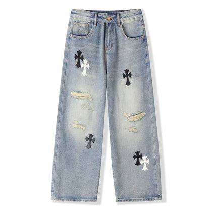 Men's Spring Light Blue Ripped Cross Patch Denim Jeans
