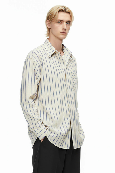 Unisex Spring Cotton Stripe Set-in Long Sleeve Retro Shirt