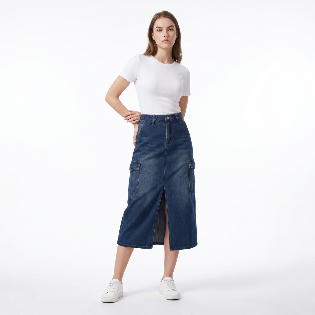 Women's High Waist Front Slit Denim Midi Skirt
