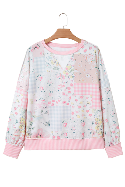 Women Fall Clothing Floral Plaid Patchwork Sweatshirt