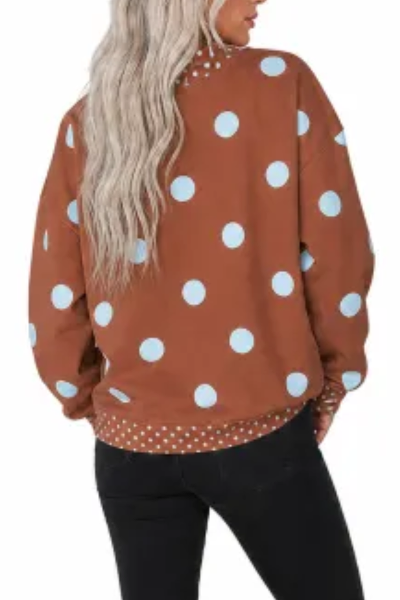 Women Fall Polka Dot Mock Neck Drop Shoulder Sweatshirt