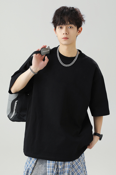 Men's Summer Japanese Loose Cotton Solid Crewneck Basics Tee