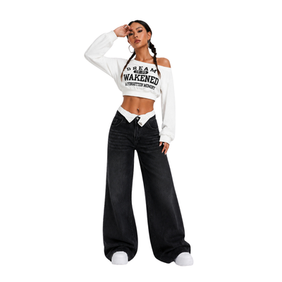 Women's double-waistband loose wide-leg jeans
