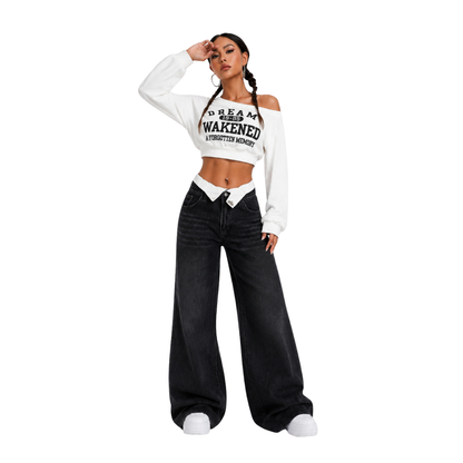 Women's double-waistband loose wide-leg jeans