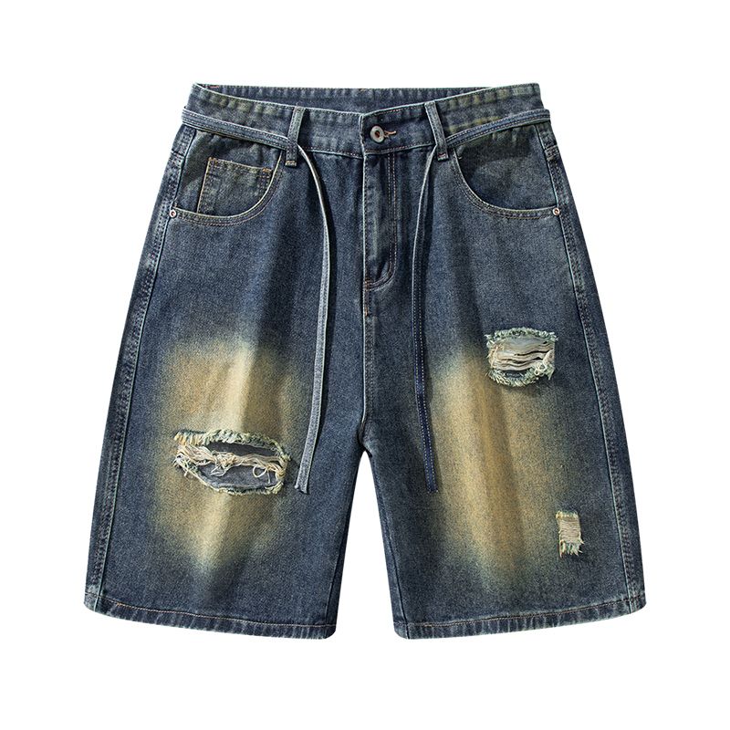 Men's Summer Gradient Ripped Drawstring Denim Shorts