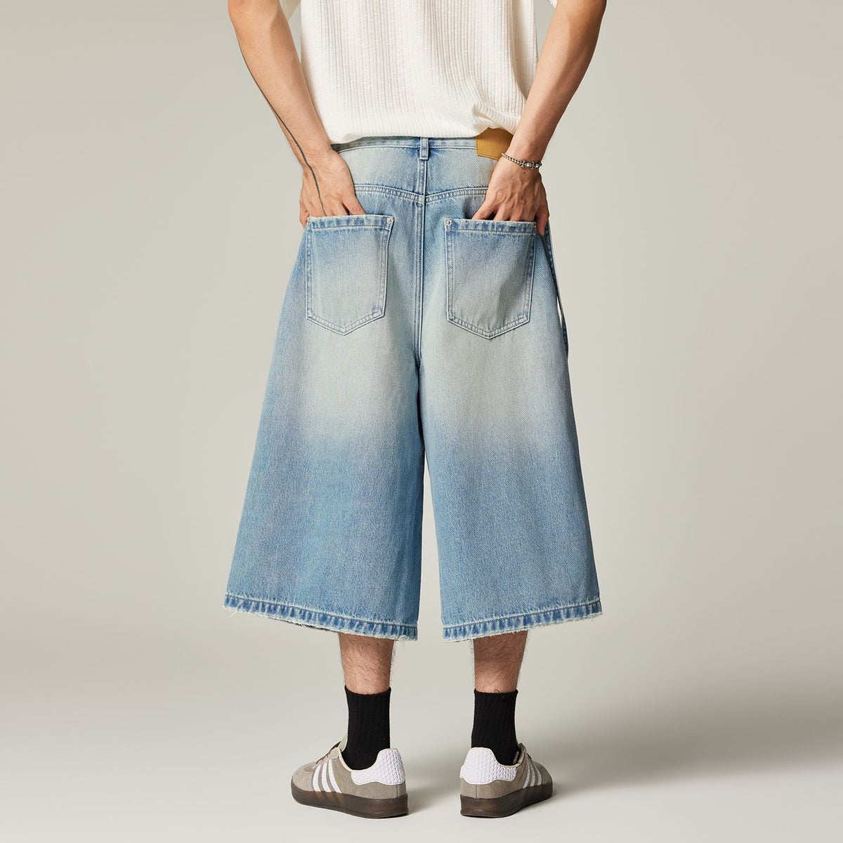 Men's Summer Washed Strap Wide-Leg Denim Shorts