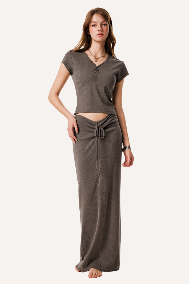 Women's Summer Retro Sexy Slim V-Neck Ski Tee & Skirt Set