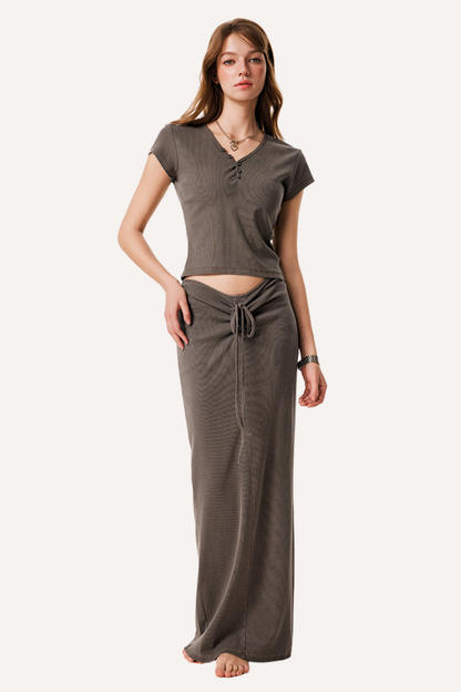Women's Summer Retro Sexy Slim V-Neck Ski Tee & Skirt Set