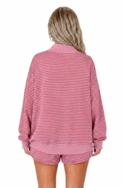 Women Fall Striped Mock Neck Sweatshirt Shorts 2 Piece Set