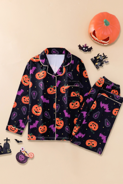 Women Fall Clothing Halloween Pumpkin Bat Pajama Set