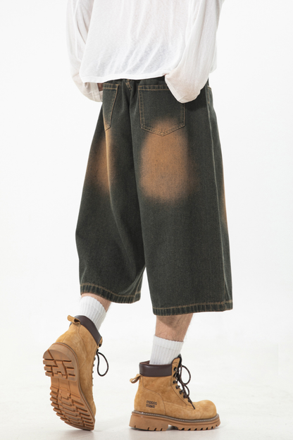 Men's Summer Washed Pleated Straight Cropped Denim Shorts
