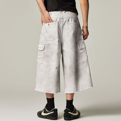 Men's Spring Gradient Splatter Cargo Wide-Leg Denim Shorts