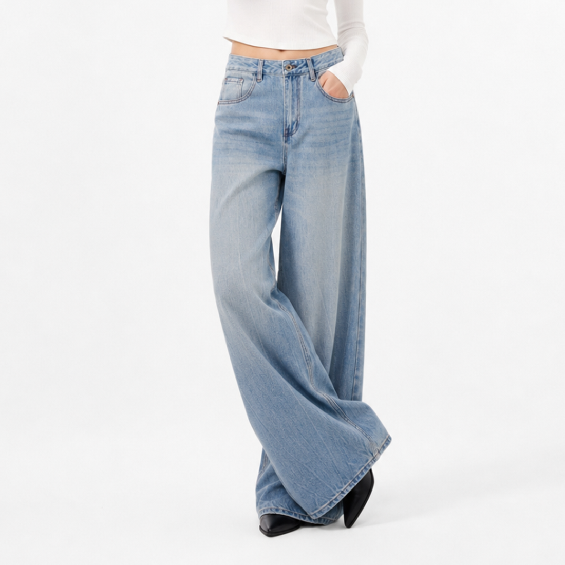 Women's 100% Cotton High Waist Wash Wide Leg Jeans