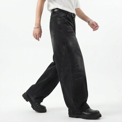 Men's Spring Black Gray Washed Cat Whisker Baggy Denim Jeans