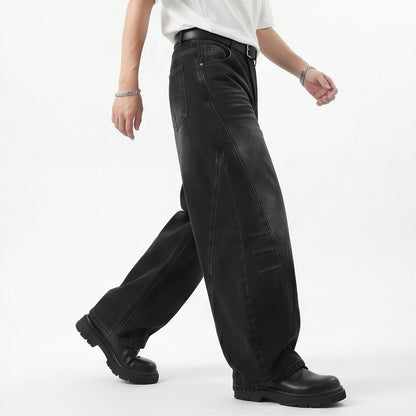 Men's Spring Black Gray Washed Cat Whisker Baggy Denim Jeans