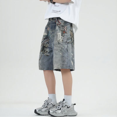 Men's Summer Vintage Washed Chain Print Baggy Denim Shorts
