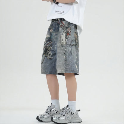 Men's Summer Vintage Washed Chain Print Baggy Denim Shorts