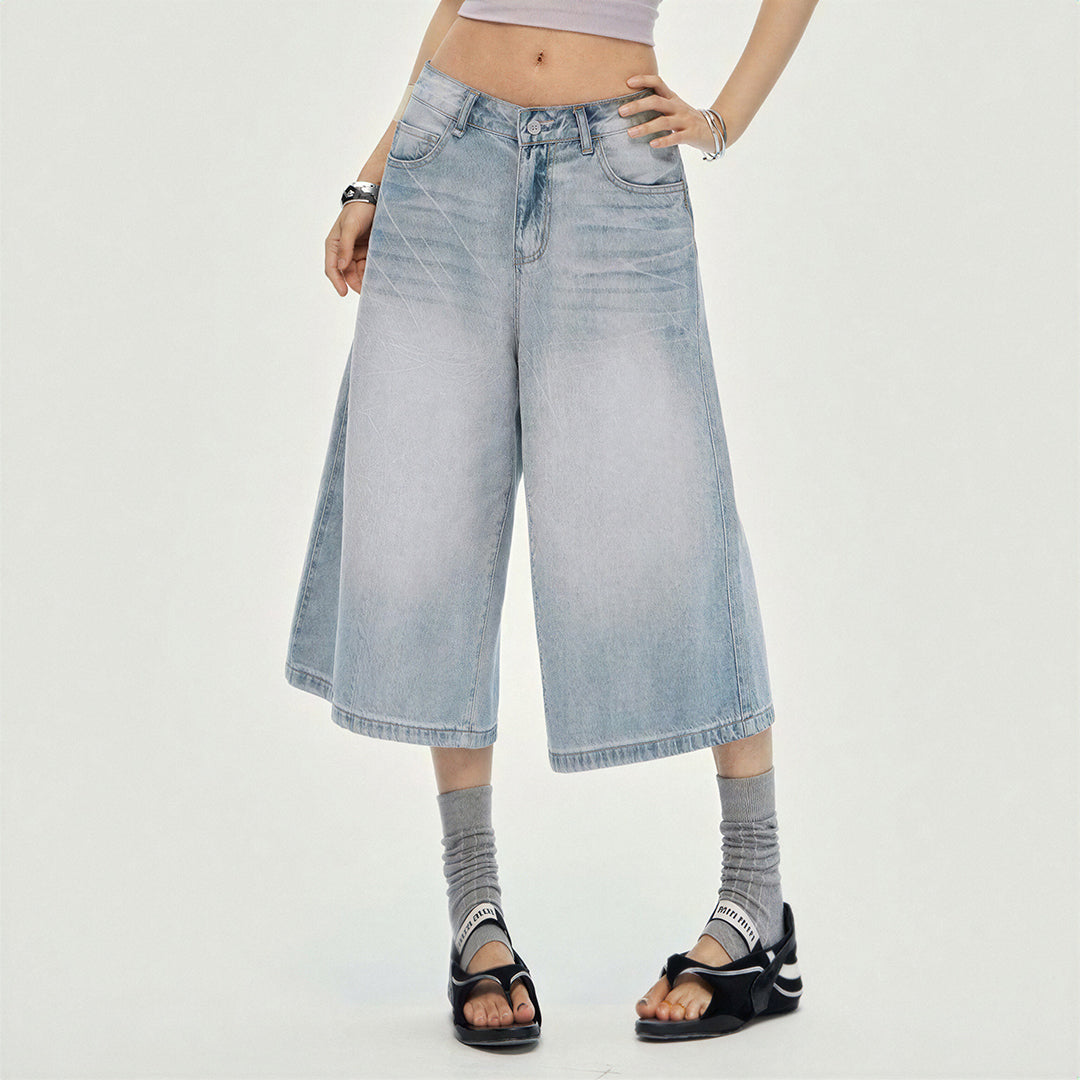 Women's Summer Gradient Washed Wide-Leg Denim Capri Pants