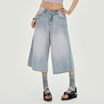 Women's Summer Gradient Washed Wide-Leg Denim Capri Pants