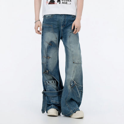Men's Spring Deconstructed Metal Buckle Cargo Denim Jeans