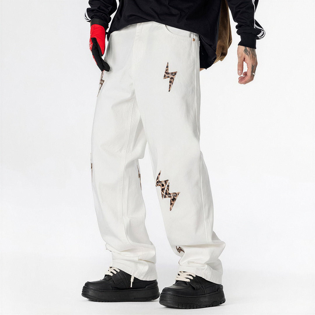 Men's Spring White Leopard Lightning Embroidery Jeans