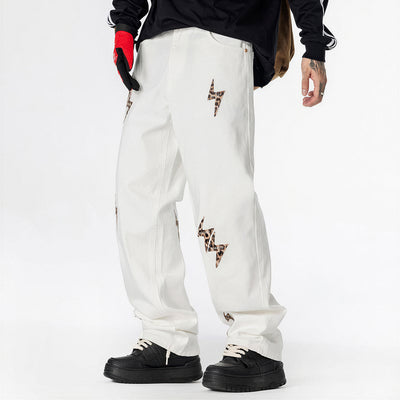 Men's Spring White Leopard Lightning Embroidery Jeans