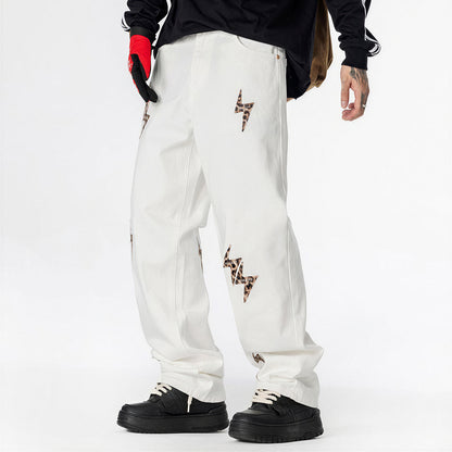 Men's Spring White Leopard Lightning Embroidery Jeans