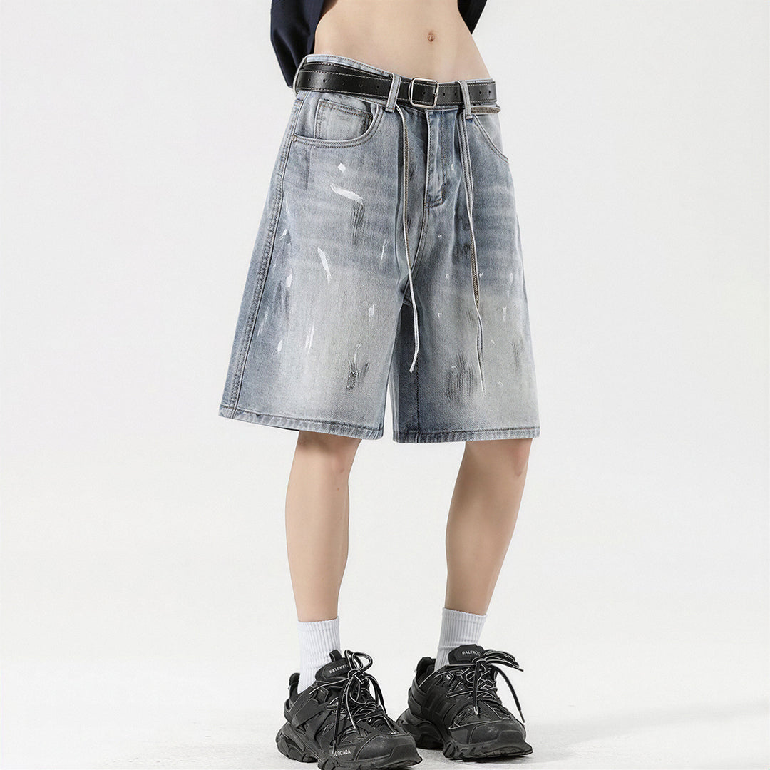 Men's Summer Light Wash Splash Ink Drawstring Denim Shorts