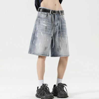 Men's Summer Light Wash Splash Ink Drawstring Denim Shorts