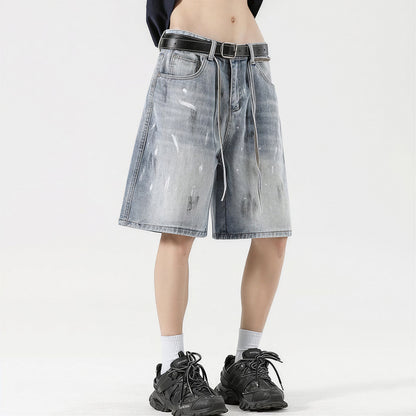 Men's Summer Light Wash Splash Ink Drawstring Denim Shorts