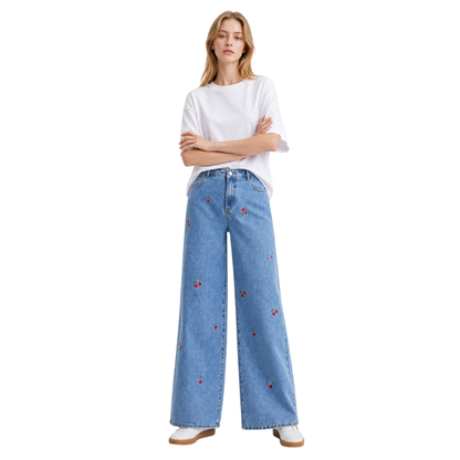 Women's High Waist Cherry Embroidered Wide Leg Jeans