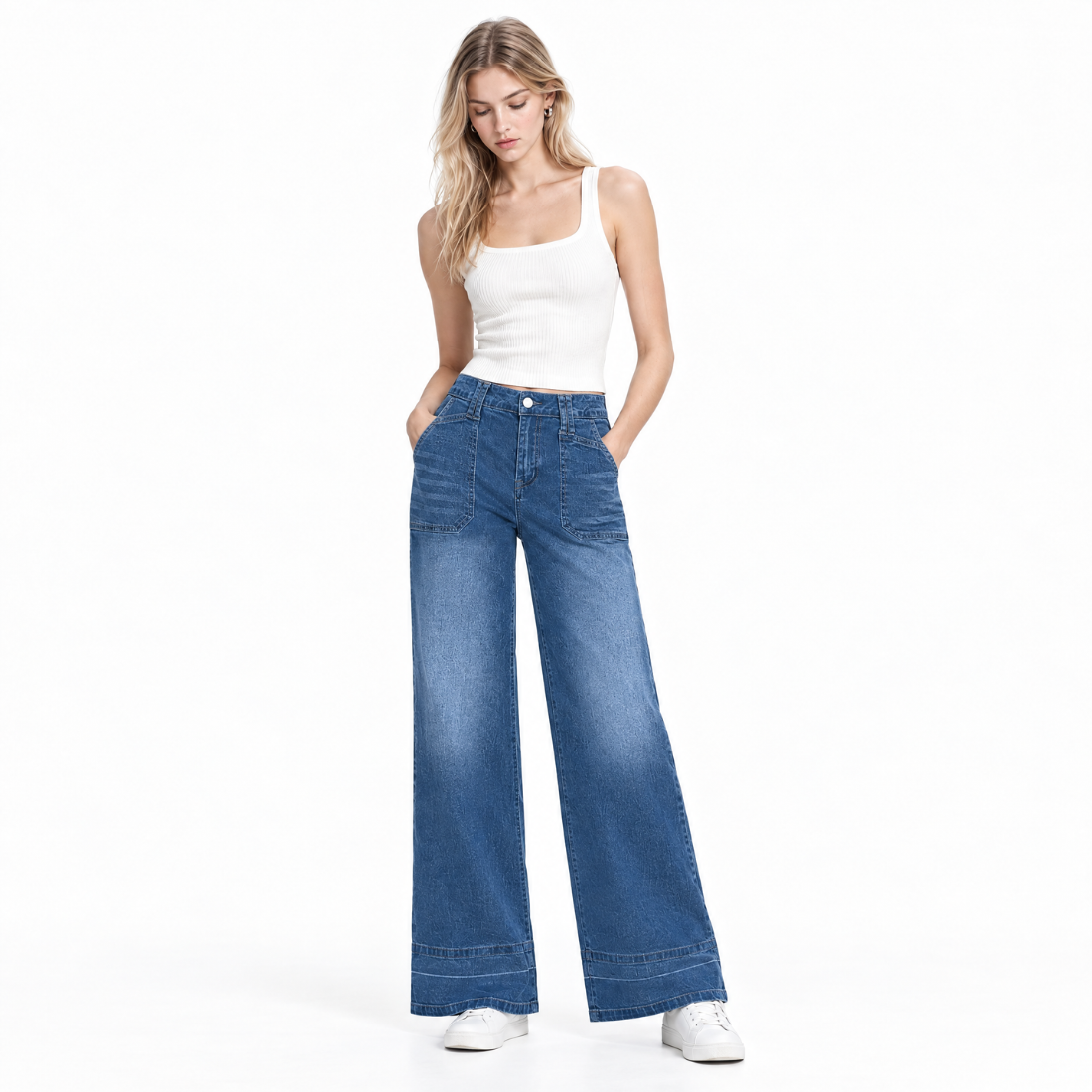 Women's High Waist Patchwork Wide Leg Jeans