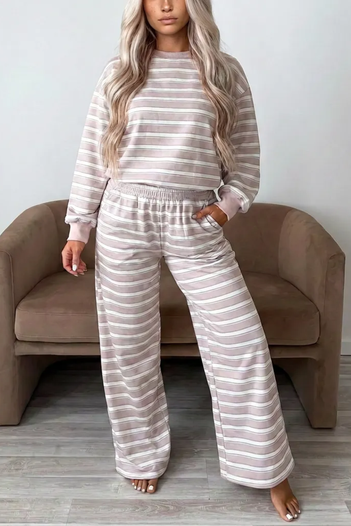 Women's Fall Stripe Print Lazy Style 2 Piece Set