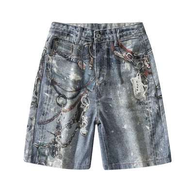 Men's Summer Vintage Washed Chain Print Baggy Denim Shorts