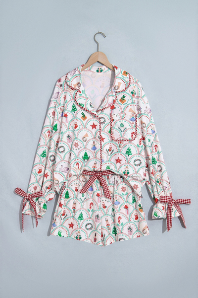 Women's Christmas Print Loungewear Set, Bow Tie Shorts