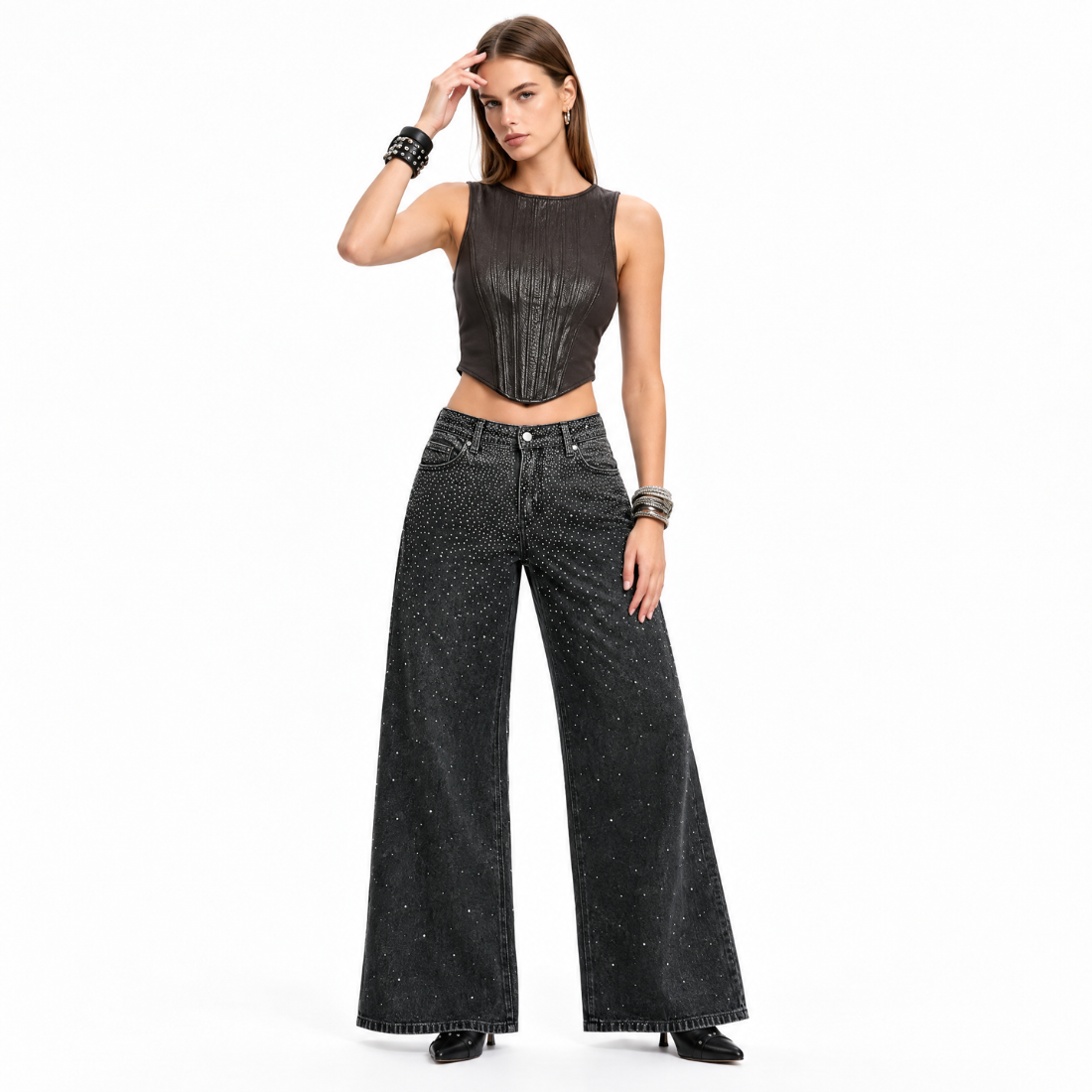 Women's Vintage Washed High Waist Rhinestone Wide Leg Jeans