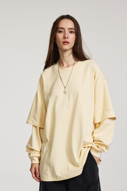 Women's Spring Summer 305g Cotton Mock Layer Long Sleeve