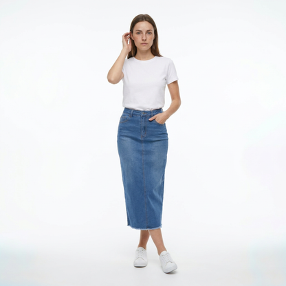 Women's High Waist A-Line Front Slit Denim Midi Skirt