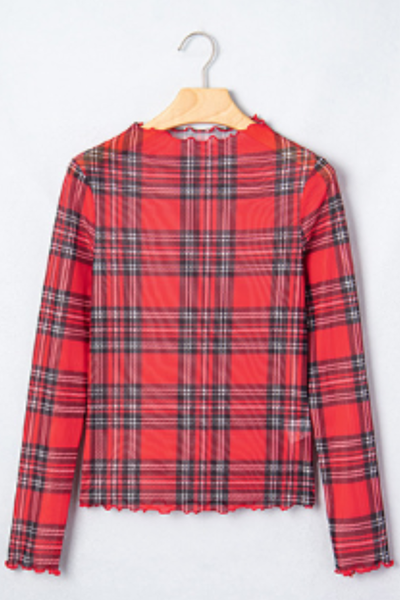 Women's Fall Christmas Red Plaid Sheer Slim Fit Top