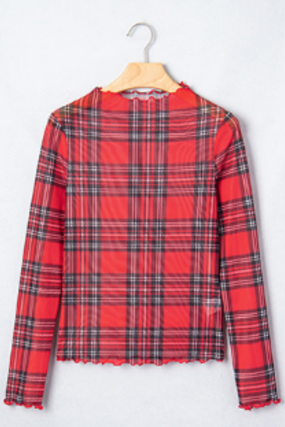 Women's Fall Christmas Red Plaid Sheer Slim Fit Top